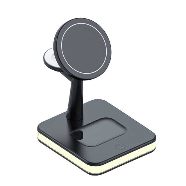 The MagDock - Chargeur Sans Fil 3-en-1 is a sleek black wireless charger with a circular magnetic mount, elevated stem, and square-outlined base with light accents, delivering ultra-fast charging for your devices.