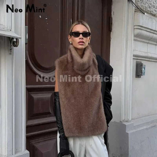 Neo Mint 2025 Brand Fashion Faux Fur Sable Vest Crop Top Autumn Winter Turtleneck Eco Mink Fur Tank Tops Sleeveless Jacket Coat Éditions Traditions & Modernité Inc. 186642768;20260626;17825177552xNuE