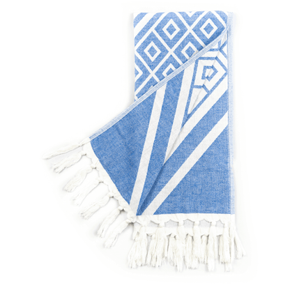 Spa Quality Turkish Hand Towel in Blue & White Geometric Diamond Hair Towels Éditions Traditions & Modernité Inc. GEOBLUEKNOTHAND