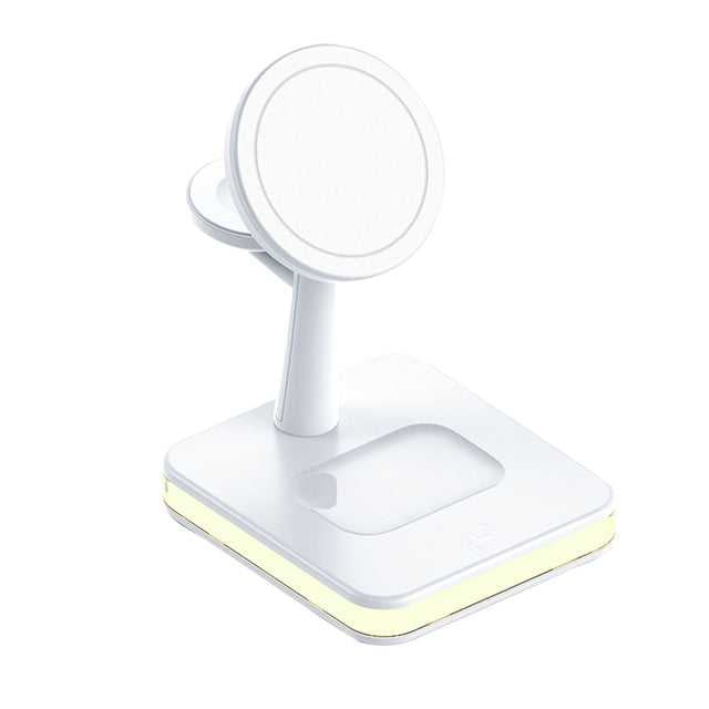 The MagDock - Chargeur Sans Fil 3-en-1 is a modern white wireless charger with a raised circular pad and square base, featuring a soft yellow light and designed for ultra-fast charging.